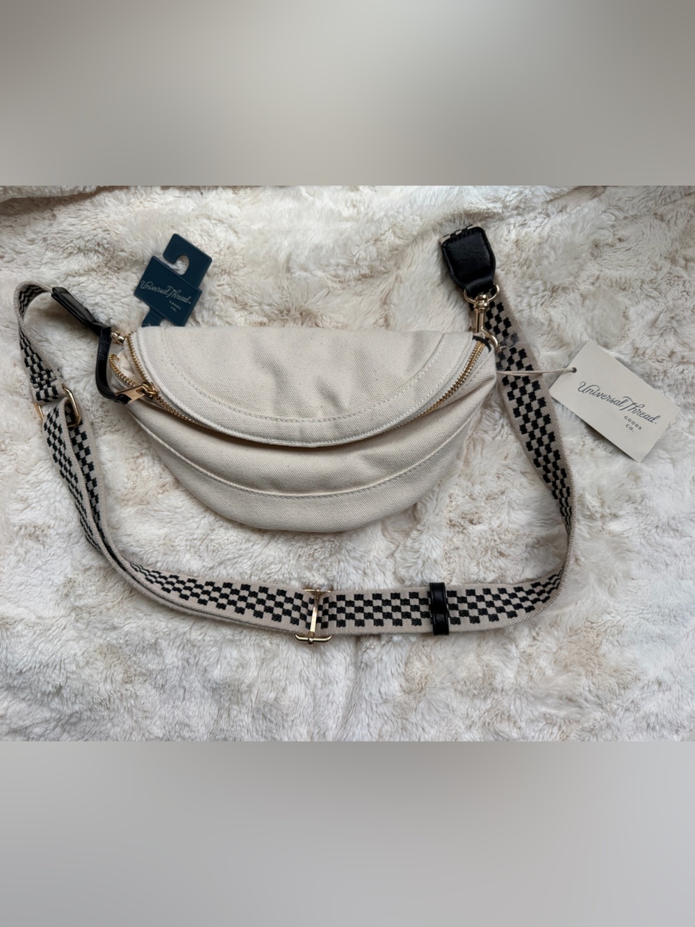 Universal Thread Cream Canvas Crescent Crossbody with Patterned Strap
